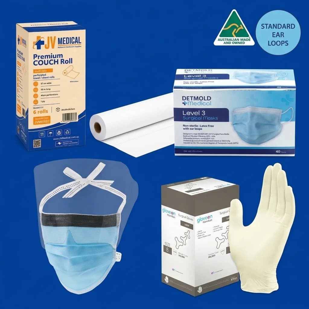 Medical consumables range — couch rolls, Detmold masks, visor masks and GloveOn Hamilton surgical gloves