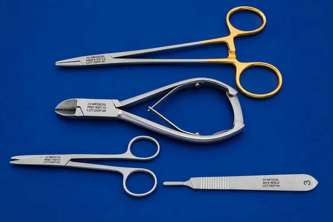 JV Medical surgical instrument set — needle holder, nail clipper, scissors and scalpel handle