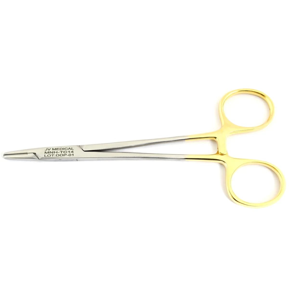 Mayo Hegar needle holder 14cm tungsten carbide with gold ring handles and carbide jaw inserts